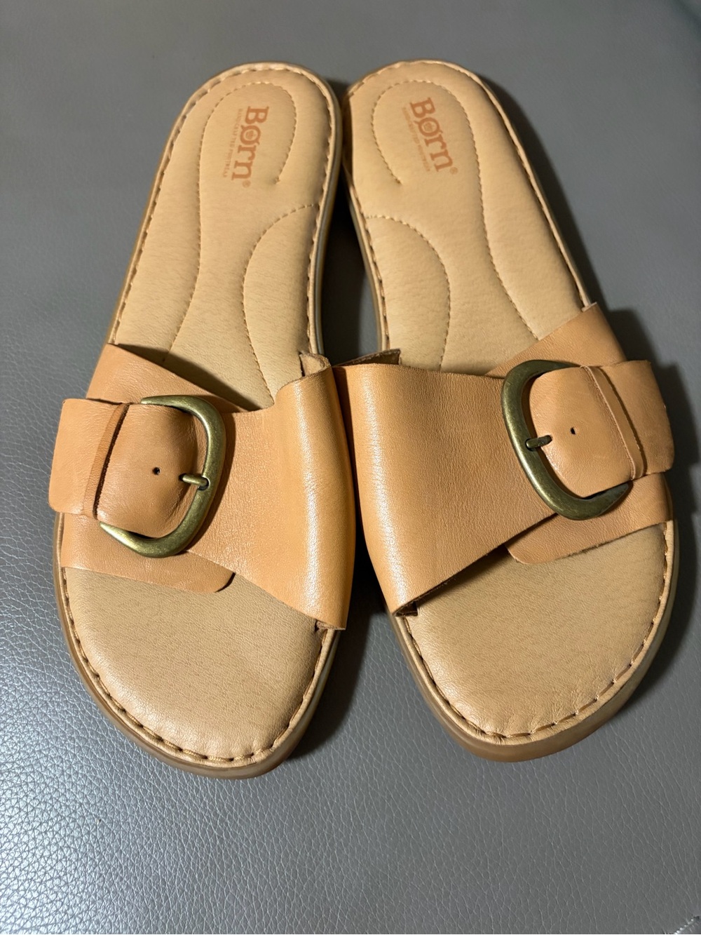 Born Miarra Tan Leather Buckle Slide Sandals - Women